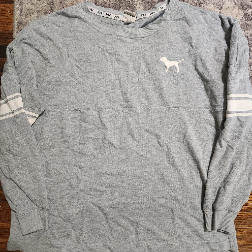 PINK Victoria's Secret Light Blue Crewneck Sweatshirt with White Dog Logo